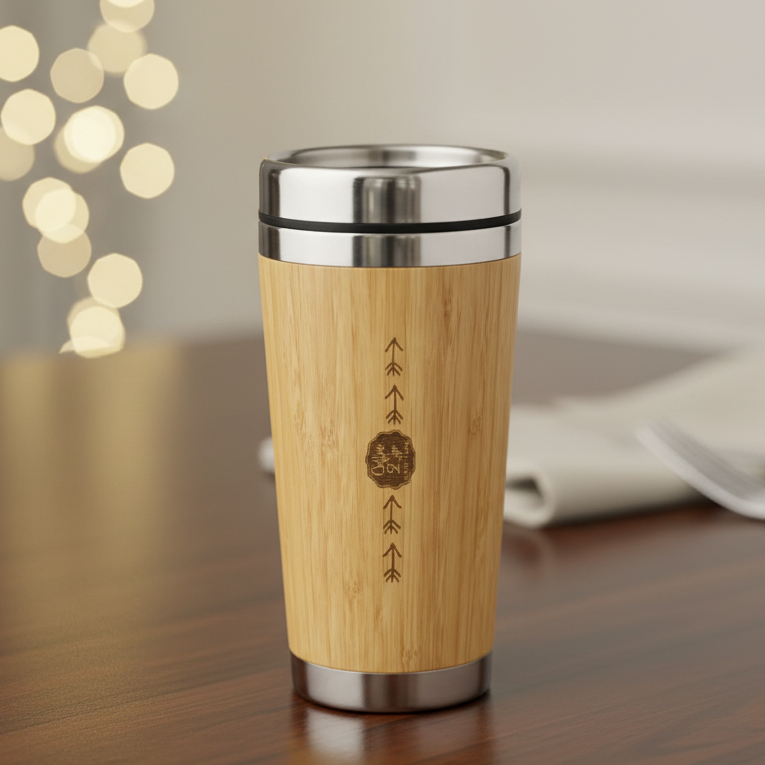 Bamboo travel mug with silver top on a sparkling background