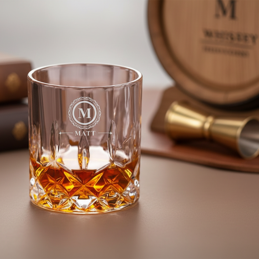 Glass of whiskey with a personalized emblem on a wooden surface with books and a barrel in the background.