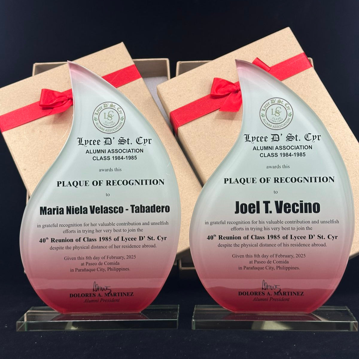 Two 'Plaques of Recognition' for Maria Nelia Velasco-Tabadero and Joel T. Vecino on a dark background.