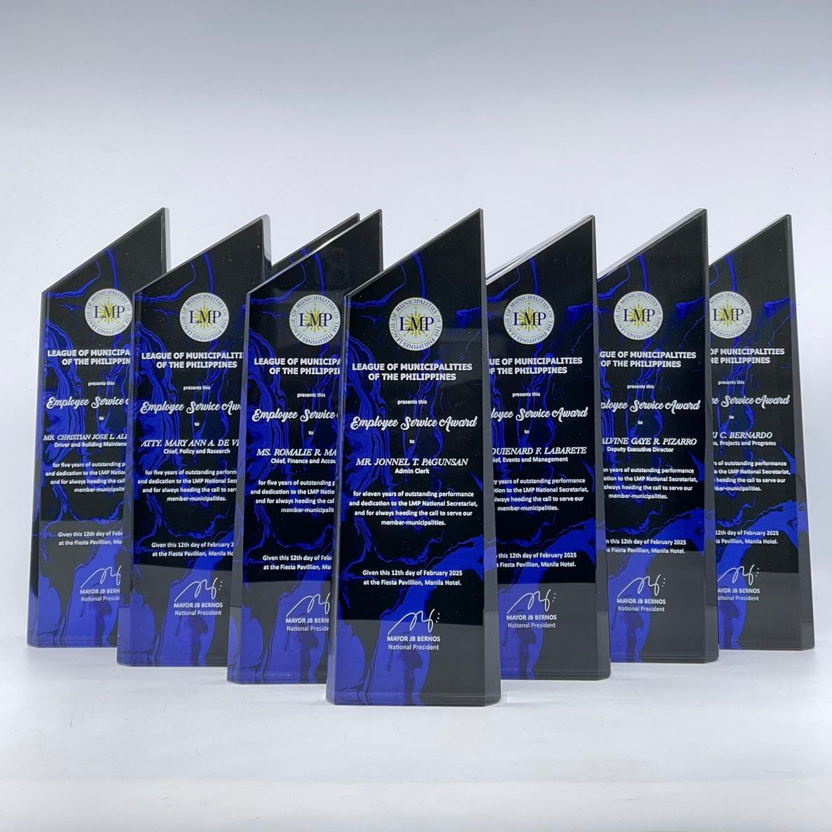 Set of eight identical awards with blue and black design on a white background