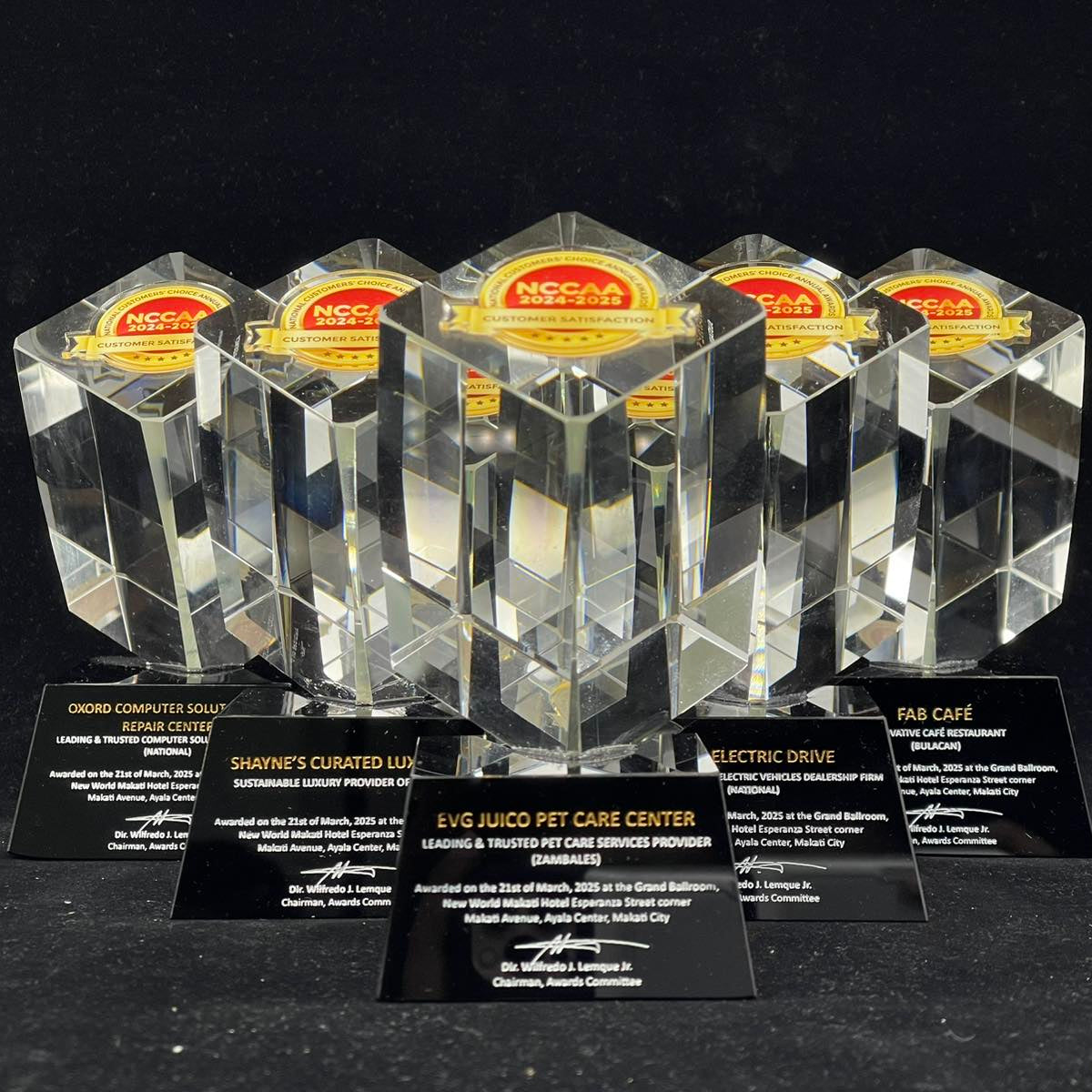 Set of crystal awards with black stands on a dark background
