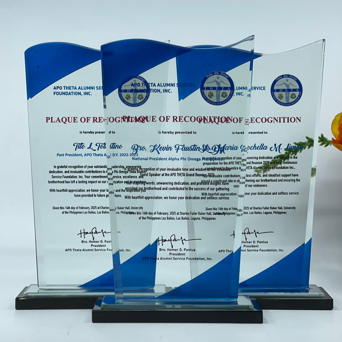 Acrylic plaque with text and logos on a white background