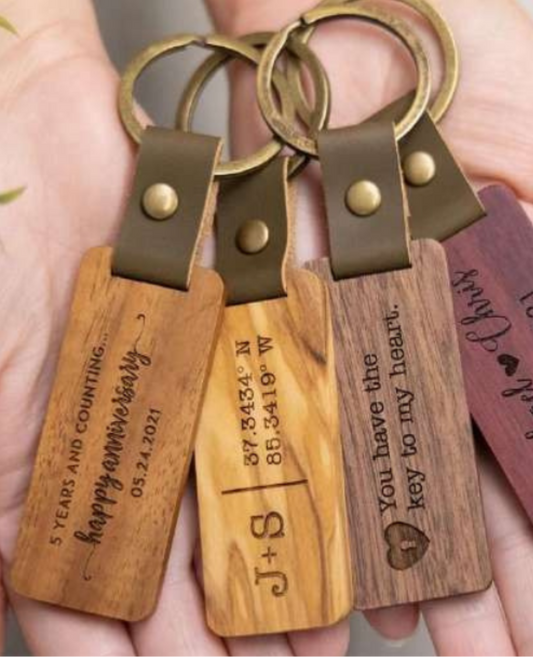 Keychain - Personalized Products- LEATHER WITH WOOD KEYCHAIN