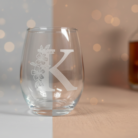 Clear glass with engraved letter 'K' and floral design on a blurred background