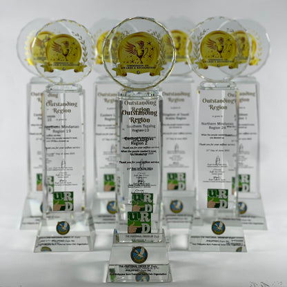 Set of clear awards with engraved text and logos on a white background