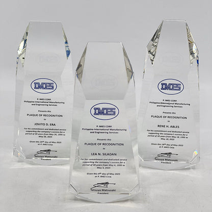Three crystal awards with engraved text on a white background